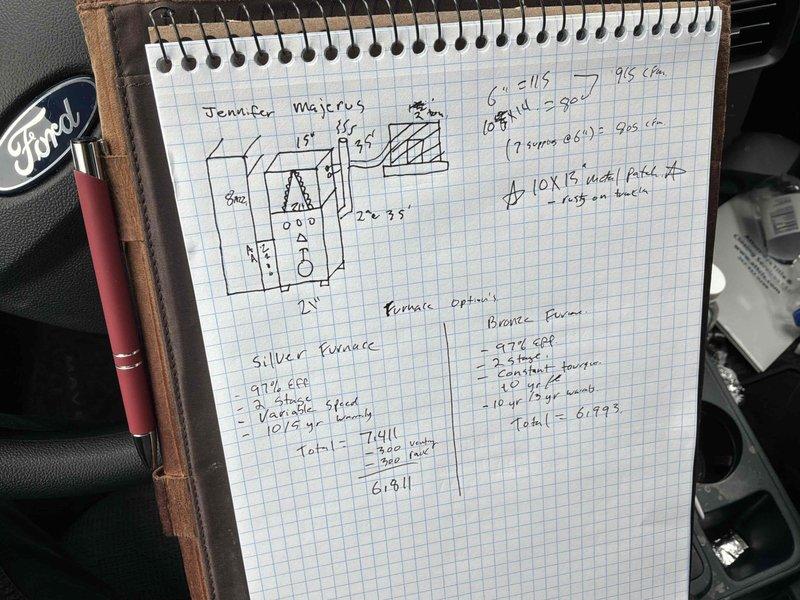Conducted comprehensive assessment of existing Lennox Pulse furnace system for complete HVAC replacement. Evaluated current equipment specifications, measured existing ductwork configurations, and documented system dimensions including 15", 33", and 22-23" clearances. Prepared detailed replacement estimates comparing multiple equipment options: Silver tier package featuring 2.5-ton air handler with programmable V-Stat thermostat and 10-15-30 year warranty options, and Bronze tier package with 3-stage furnace system offering enhanced efficiency ratings of 979 AFUE. Documented CFM requirements at 915 cubic feet per minute to ensure proper system sizing for adequate airflow and climate control throughout the residence.