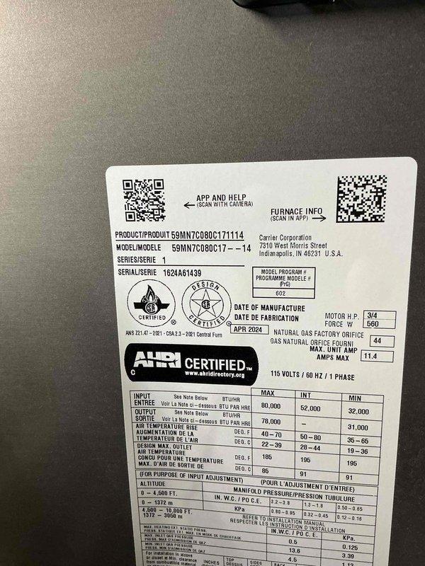 Installed new Carrier 59MN7C080C17 80,000 BTU gas furnace with evaporator coil assembly. Unit commissioned and verified operational per manufacturer specifications, including proper electrical connections at 115V/60Hz/1-phase and gas manifold pressure settings.