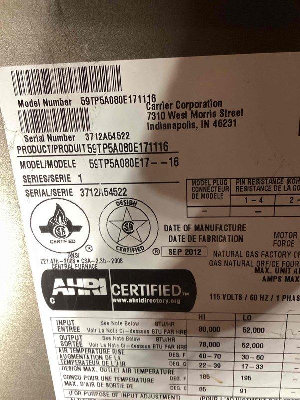 # HVAC Service Report

Responded to no heat call on a September 2012 Carrier 80,000 BTU gas furnace, model 69TP5A080E171116. Upon inspection, found the hot surface ignitor glowing but system failing to initiate heating cycle. Diagnosed faulty ignition control module on the main control board preventing proper sequence operation. Replaced control board, tested all safety circuits, and verified proper furnace operation through multiple heating cycles. System now functioning within manufacturer specifications.