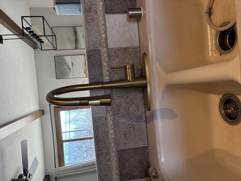 # Plumbing Service - Faucet

Installed new kitchen sink faucet assembly with pull-out spray head and brushed metal finish in double-basin sink configuration. Connected dishwasher drain hose to proper drainage point and verified all plumbing connections for leaks and proper water flow.