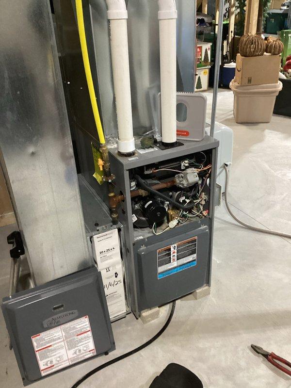 Responded to no heat call on residential furnace unit less than 10 years old. Upon arrival, accessed blower compartment and control board to diagnose system failure. Inspected internal components, wiring connections, and mechanical assemblies. Unit restored to proper operation with heat confirmed at supply registers prior to departure.