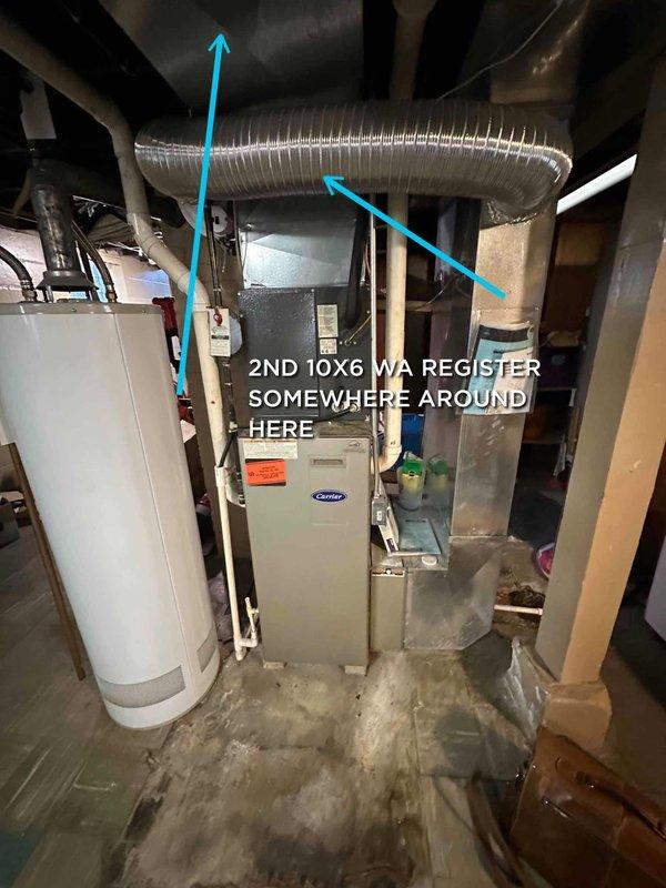 Conducted comprehensive assessment of existing HVAC system for complete replacement estimate. Evaluated outdoor condensing unit positioned on exterior foundation, noting current configuration with electrical disconnect, meter, and associated conduit routing on building exterior. Inspected basement mechanical room containing existing Carrier furnace and ductwork infrastructure, including horizontal trunk line and branch distribution system. Identified location requirements for additional return air register to improve system airflow and balance. Documented equipment specifications, electrical service capacity, condensate drainage pathways, and existing duct layout to determine replacement system requirements and installation scope.