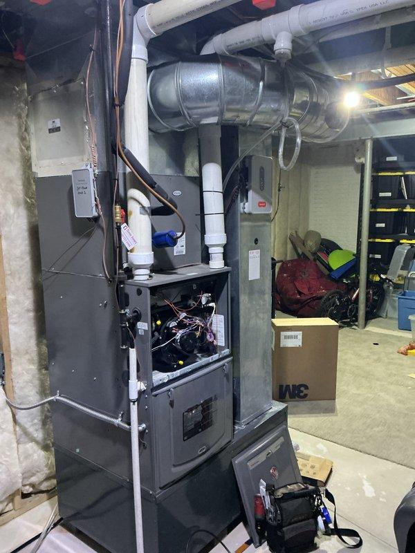 Completed prepaid HVAC maintenance visit on residential gas furnace system. Performed comprehensive inspection of furnace unit, blower assembly, and venting components including PVC condensate drainage lines and exhaust system. Verified proper operation of all mechanical and electrical components, checked wire connections, and confirmed system functionality. All equipment found operating within normal parameters with no immediate service needs identified.