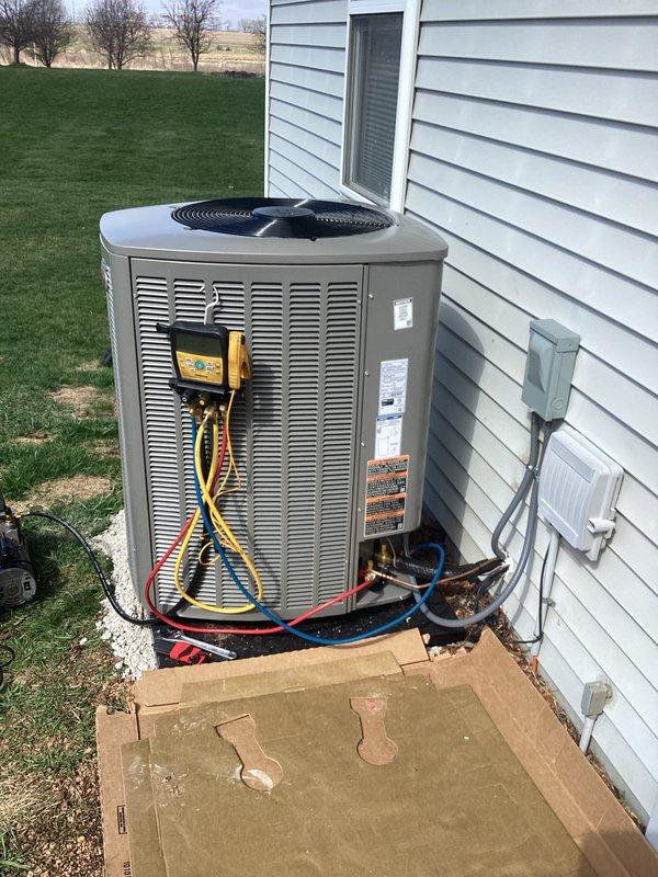 # HVAC Install - A/C & Coil

Completed installation of new air conditioning system including outdoor condensing unit and indoor evaporator coil. Positioned condenser unit on concrete pad adjacent to structure with proper clearances maintained. Mounted electrical disconnect box on exterior wall per code requirements. Connected refrigerant lines using industry-standard brazing techniques and pressure-tested system for leaks.

Charged system with appropriate refrigerant type and quantity per manufacturer specifications. Utilized Fieldpiece manifold gauge system to verify proper system pressures and temperatures during startup. Measured supply air temperature at 35°F and return air temperature at 30°F, confirming adequate cooling performance. Conducted operational testing of compressor, condenser fan motor, and evaporator blower to ensure all components functioning correctly.

Verified electrical connections at disconnect box and condensing unit. Confirmed proper amperage draw on all motor