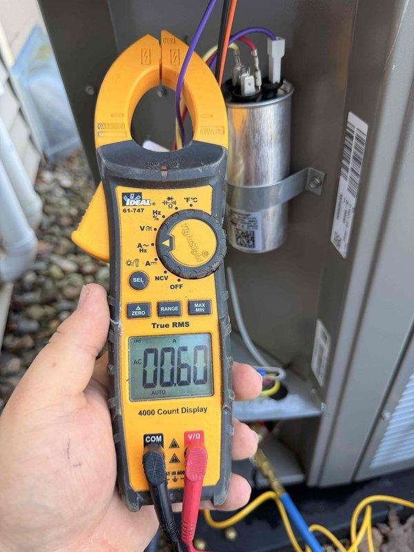 Completed system start-up on newly installed HVAC equipment. Performed electrical diagnostics using clamp meter to verify proper amperage draw and electrical connections at the outdoor unit, confirming all readings within manufacturer specifications at 0.60 amps. Measured supply air temperature at 60.2°F using calibrated digital thermometer to verify system cooling performance and proper refrigerant charge. All components operating normally with no deficiencies noted.