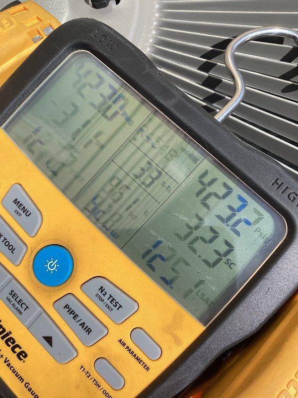 Completed installation of new air conditioning system and evaporator coil. Performed comprehensive system diagnostics using Fieldpiece meters to verify proper refrigerant pressures, temperatures, and airflow across both indoor and outdoor units. All measurements confirmed system is operating within manufacturer specifications and providing optimal cooling performance.