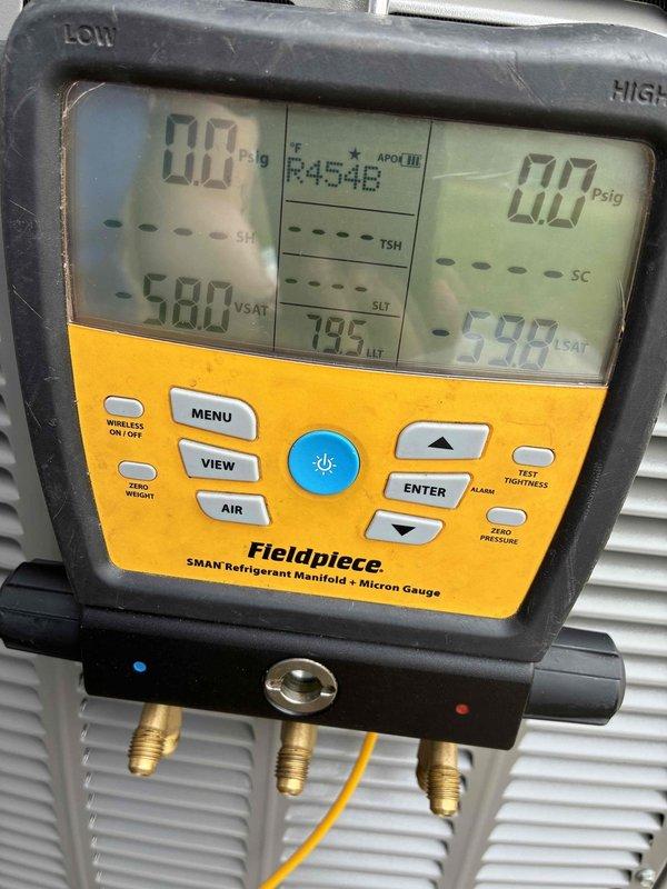 Completed system start-up and commissioning of newly installed HVAC equipment using Fieldpiece SMAN digital manifold and Yellow Jacket Titan 4-valve gauge set. Verified proper refrigerant charge levels for R454B refrigerant, confirmed system pressures and temperatures were within manufacturer specifications, and documented all operational parameters to ensure optimal system performance.