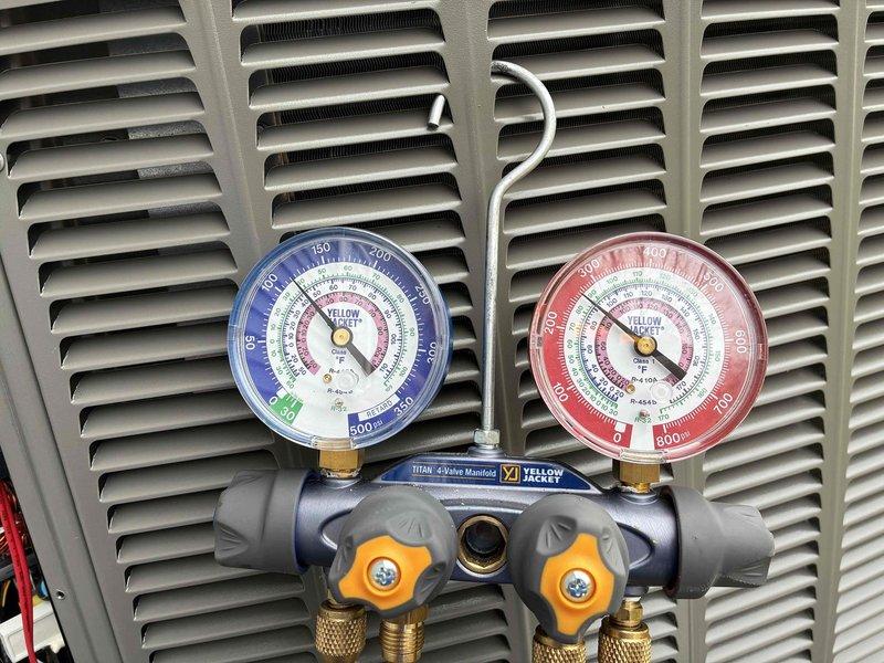 Completed system start-up and commissioning of newly installed HVAC equipment using Fieldpiece SMAN digital manifold and Yellow Jacket Titan 4-valve gauge set. Verified proper refrigerant charge levels for R454B refrigerant, confirmed system pressures and temperatures were within manufacturer specifications, and documented all operational parameters to ensure optimal system performance.