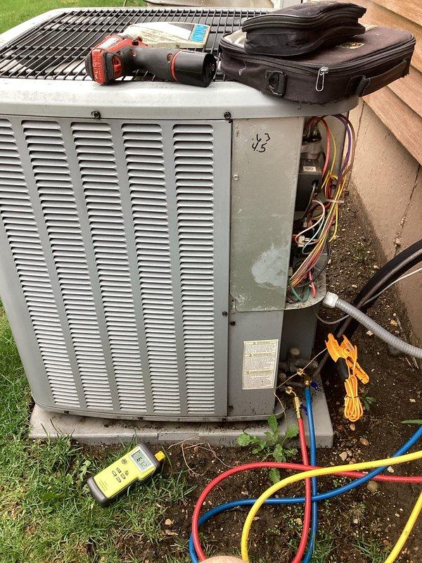 Performed routine HVAC maintenance agreement service on residential air conditioning system. Conducted comprehensive system evaluation using manifold gauge set to measure refrigerant pressures and verify proper system operation. Accessed condensing unit electrical components to inspect wiring connections, contactors, and capacitors for signs of wear or damage. All refrigerant levels were within manufacturer specifications, and electrical connections were found secure with no service issues identified. System is operating efficiently and ready for continued seasonal use.