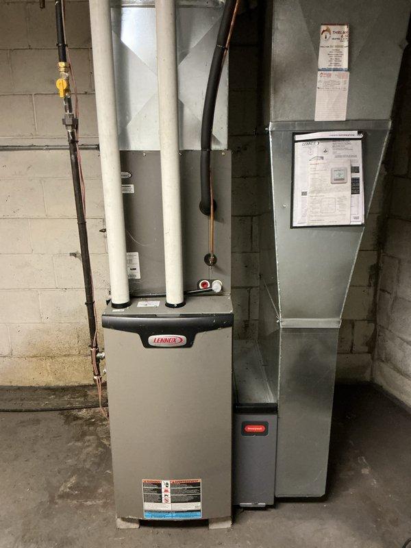 Completed comprehensive tune-up and maintenance inspection on residential Lennox furnace and air handler system. Performed standard seasonal maintenance including filter inspection, burner examination, heat exchanger evaluation, blower motor lubrication, and verification of all safety controls and limit switches. Inspected PVC venting system, refrigerant line connections, gas line integrity with yellow shut-off valve, and confirmed proper drainage. All components found operating within manufacturer specifications with no immediate repairs required.