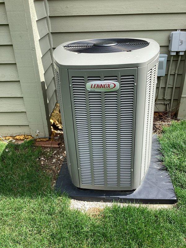 Completed preventative maintenance tune-up on Lennox outdoor condensing unit. Utilized manifold gauge set to check refrigerant pressures and verify system operating within manufacturer specifications. Unit found in good working condition with proper refrigerant charge and all components functioning normally.