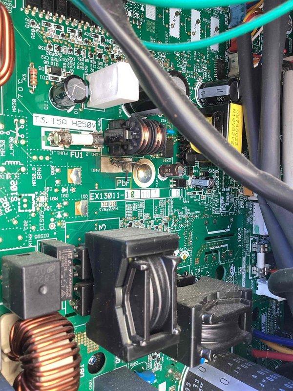 Responded to no cooling complaint on residential heat pump system. Upon inspection, found control board failure preventing compressor operation. Removed outdoor unit cover to access internal components and diagnosed failed relay on main control board. Replaced defective control board, tested all electrical connections, and verified proper system operation with normal cooling cycle restored.