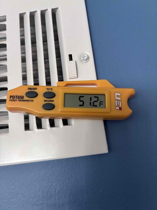 Completed system start-up for new HVAC installation. Verified refrigerant charge using calibrated digital scale, confirming proper weight of 120 ounces. Measured supply air temperature at 51.2°F at register, indicating system is cooling effectively and operating within manufacturer specifications.