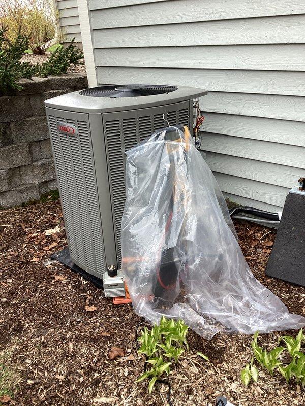 Completed full HVAC system installation including new outdoor condensing unit and associated equipment. Unit was properly positioned on concrete pad with adequate clearance for airflow and service access. All refrigerant lines, electrical connections, and drainage systems were installed per manufacturer specifications. System was tested, charged, and verified operational with proper airflow and temperature differentials across both heating and cooling modes.