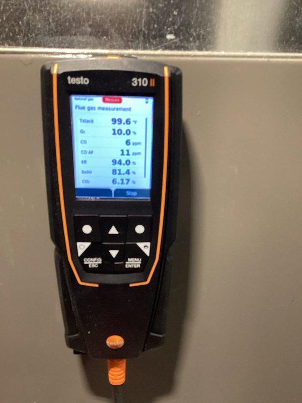 Responded to no heat call where thermostat required setting to 78° to achieve 68° temperature. Performed combustion analysis using Testo 310 II analyzer, confirming furnace operation with acceptable readings including 10.0% O2, 6 ppm CO, and 81.4% efficiency. Inspected and replaced air filters which were clean but due for routine maintenance. System operating properly after service with thermostat responding correctly to temperature setpoints.