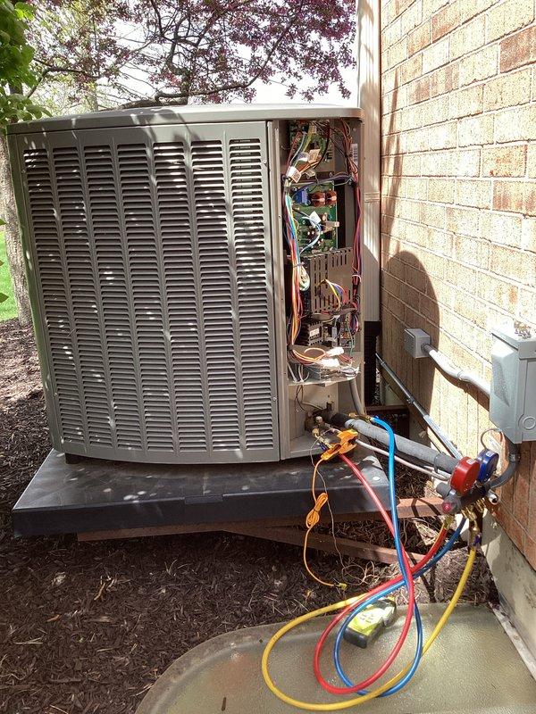 Completed prepaid maintenance visit addressing dehumidifier with clogged condensate line. Cleared blockage and restored proper drainage function. Inspected dehumidifier filter (17.5x14x1.75) and confirmed washable type for customer maintenance. Performed routine cooling system inspection on Lennox HVAC equipment including indoor furnace unit and outdoor condenser. Connected service gauges to outdoor unit and verified refrigerant pressures and system operation. All equipment operating within normal parameters following service completion.