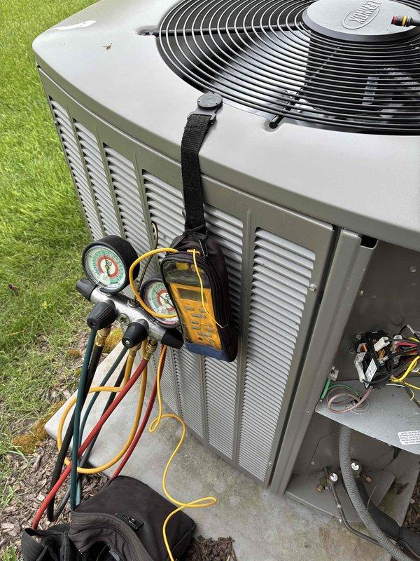 Completed comprehensive tune-up service on residential furnace and air conditioning system. Performed system diagnostics on indoor furnace unit including electrical component inspection, circuit board evaluation, and wiring verification. Connected manifold gauge set to outdoor condensing unit to test refrigerant pressures, assess system performance, and verify proper operating temperatures and pressures were within manufacturer specifications.