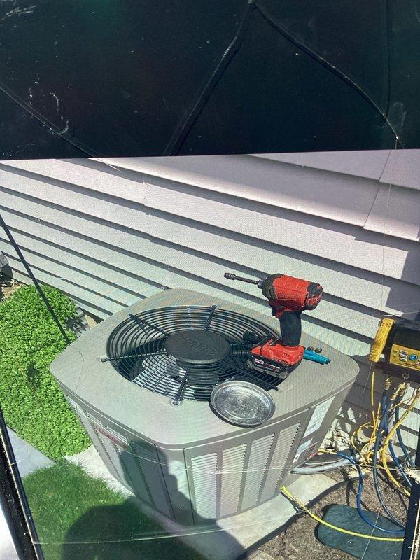Completed air conditioning tune-up service on residential condensing unit. Performed standard maintenance procedures including refrigerant pressure testing using manifold gauges, system diagnostics, and equipment inspection. Unit operational and functioning within normal parameters upon completion of service.