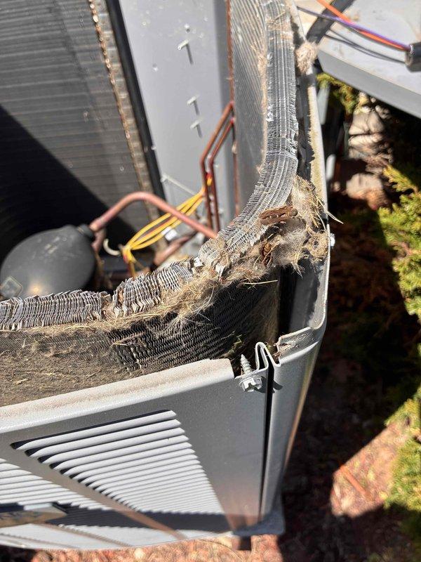 Performed routine maintenance tune-up on Armstrong outdoor condensing unit. Upon inspection, discovered severely deteriorated condenser coil with extensive fin damage, accumulated debris, and compromised heat transfer surfaces requiring immediate attention. Documented equipment condition with photographic evidence showing significant degradation of coil assembly and surrounding components.