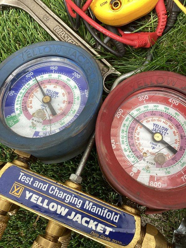Performed annual tune-up on HVAC system, including pressure and temperature diagnostics using manifold gauge set to verify refrigerant charge and system performance. Observed heavy condensation on suction line with deteriorated insulation at connection point, indicating potential insulation replacement needed to prevent efficiency loss and moisture damage.