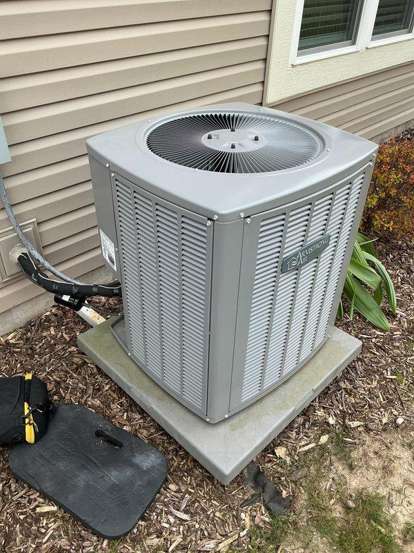 Completed routine maintenance and tune-up on Amana outdoor condensing unit. Performed standard system inspection, cleaned components, checked refrigerant lines and electrical connections, and verified proper unit operation.