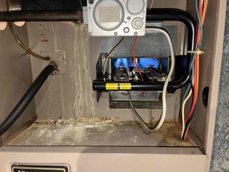 Responded to no heat call with reported clicking noise from furnace. Upon inspection, found Armstrong furnace with control board displaying blue LED lights indicating power to unit. Identified significant moisture accumulation and water damage in lower cabinet area, with visible discoloration and staining on base panel. Clicking noise likely caused by relay or ignition control attempting to cycle. Documented internal condition showing blower motor, electrical connections, and control components all accessible with standard wiring configurations intact. Water intrusion appears to be affecting proper system operation and may be impacting safety controls or ignition sequence.