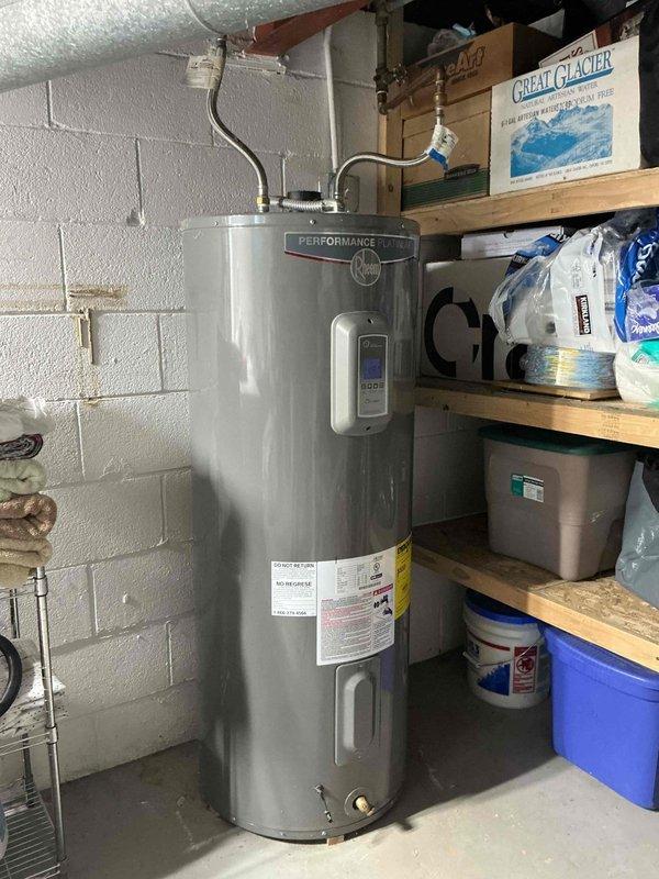 Responded to no hot water call for electric Rheem water heater displaying error code A109. Upon arrival, diagnosed fault code indicating upper thermostat failure, which prevented the unit from heating water properly. Replaced defective upper thermostat and thermal cutoff switch, reset high-temperature limit, and restored power to unit. Verified proper operation of both upper and lower heating elements, confirmed water temperature recovery, and tested digital control panel functionality. Unit now operating within normal parameters and delivering hot water as designed.