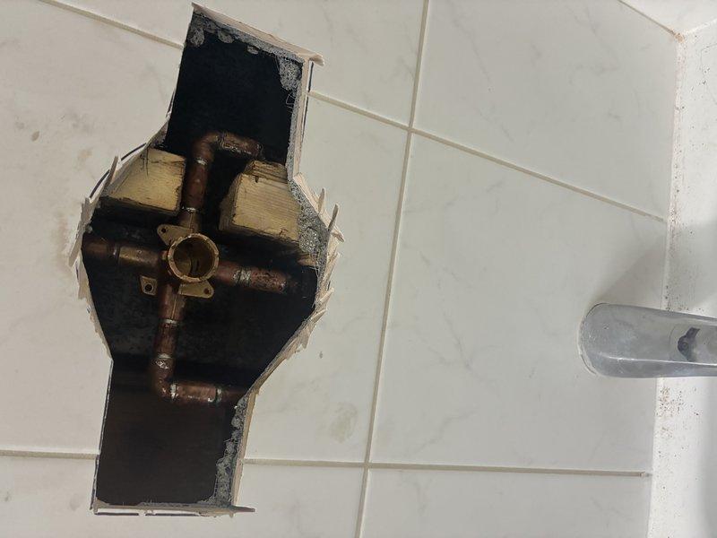 Completed shower mixing valve repair and chrome fixture installation. Accessed plumbing behind tile wall to replace faulty mixing valve with new unit, ensuring proper water temperature control and flow regulation. Reinstalled chrome-plated shower diverter fixture with dolphin-shaped handle and shield mounting plate, securing all components to manufacturer specifications. Restored wall opening and verified all connections for proper operation and leak-free performance.