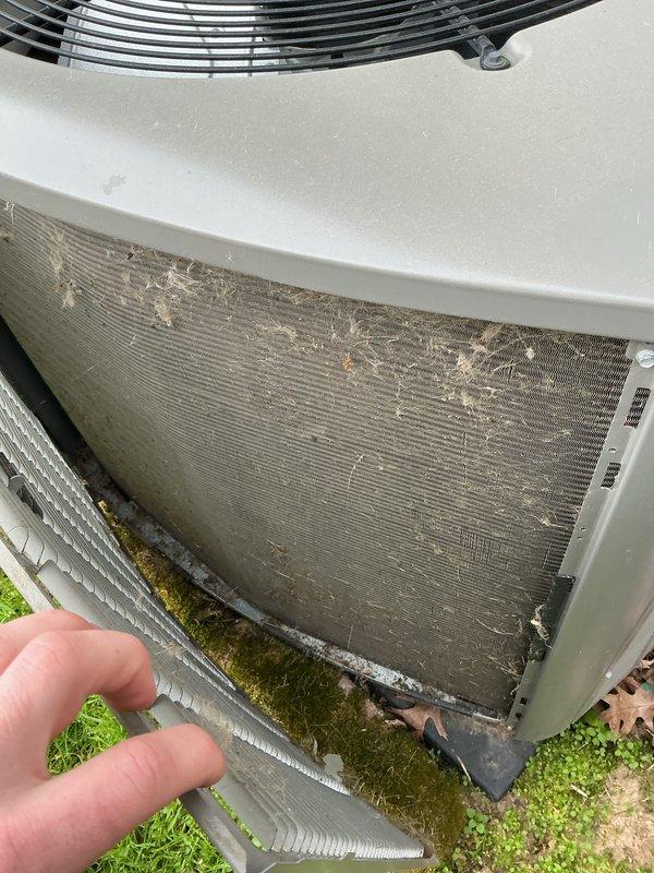 Completed routine AC tuneup and maintenance visit for recurring membership customer. Upon arrival, found outdoor condenser unit with heavily soiled coils showing significant accumulation of dirt, debris, moss, and algae growth, particularly at the base where moisture had collected. Inspected condenser fins and found substantial environmental buildup affecting airflow and heat exchange efficiency. Documented pre-service condition with photographs showing the extent of contamination on both the exterior coil surfaces and air filtration components. Cleaned condenser coils, removed organic growth and debris, and restored proper airflow to the unit to ensure optimal cooling performance for the season.