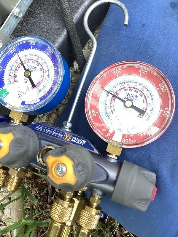 Completed routine cooling system maintenance visit as part of membership agreement. Performed comprehensive inspection of dual HVAC system installation, including air handler and furnace units with PVC venting. Utilized manifold gauge set to check refrigerant pressures and verify system operating within manufacturer specifications.