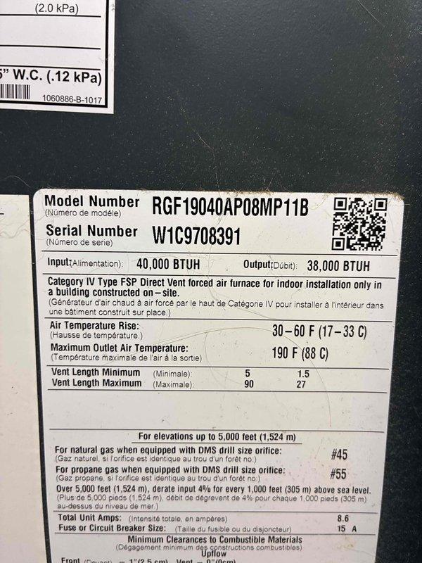 Completed furnace and air conditioning tune-up on Rheem gas furnace (Model: RGF19040AP08MP11B, 40,000 BTU input) and outdoor condensing unit. Performed comprehensive system inspection, verified proper operation of both heating and cooling systems, and confirmed all manufacturer specifications are within normal parameters.