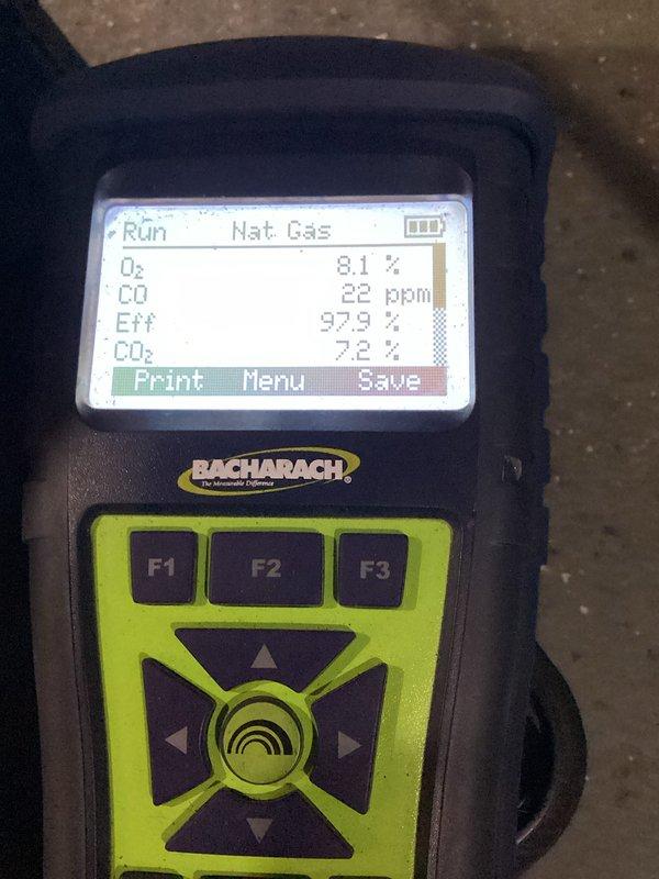 Completed comprehensive AC and furnace tune-up maintenance service. Performed combustion analysis on natural gas furnace, confirming optimal efficiency at 97.9% with safe CO levels at 22 ppm and proper oxygen content at 8.1%. Inspected all internal components, wiring, and circuit boards, verified proper operation of both heating and cooling systems, and discussed duct cleaning options with homeowner.