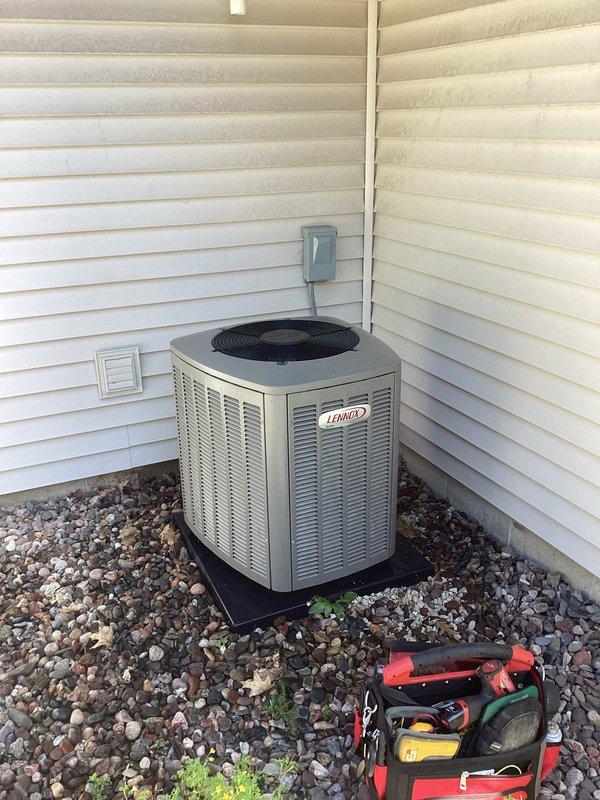 Completed routine cooling system maintenance and tune-up on residential Lennox air conditioning unit. Performed system diagnostics using manifold gauge set to verify refrigerant pressures and overall system performance, confirmed proper operation of condenser unit, and documented equipment condition with all components functioning within manufacturer specifications.