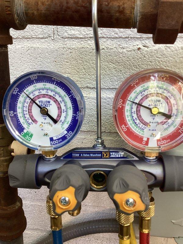 Responded to service call for leaking Aprilaire humidifier on residential HVAC system. Upon arrival, inspected furnace and humidifier assembly in basement utility area. Used manifold gauge set to verify system pressures and confirm proper refrigerant levels on associated equipment. Identified source of water leak from humidifier unit, addressed issue, and verified all connections were secure. System tested and confirmed operational with no further leaking detected at time of departure.