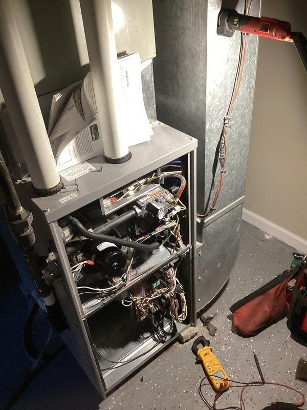 Completed membership cooling maintenance visit and investigated customer-reported unusual fan winding noise from furnace that sounded like it needed lubrication. Performed comprehensive inspection of American Standard/Trane HVAC system including furnace and air handler unit. Accessed internal components by removing furnace panel to examine blower motor assembly, electrical connections, circuit boards, and mechanical components. Conducted diagnostic testing of blower motor operation and bearing condition to identify source of abnormal noise. Verified refrigerant line connections and system operation. Equipment inspected and serviced per membership agreement requirements.