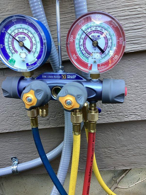 Performed air conditioning system startup on new installation. Verified all condensate valves were open and operational across zones 1-4. Utilized digital thermocouple thermometer and manifold gauge set to measure system temperatures and refrigerant pressures, confirming proper charge levels and system readiness. All equipment tested and verified ready for operation.