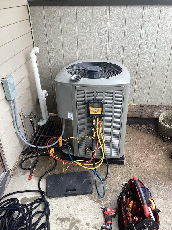 # HVAC Maintenance Agreement - Cooling System Service

Completed comprehensive cooling system maintenance visit as part of prepaid membership agreement. Performed full diagnostic evaluation of outdoor condensing unit using refrigerant manifold gauges and digital monitoring equipment. Measured and recorded system pressures, temperatures, and operational parameters to verify proper refrigerant charge and system performance. All readings confirmed unit operating within manufacturer specifications. 

Customer requires 2200 filter for pop-up return, size 10x12. Filter replacement to be scheduled or provided at next service interval.