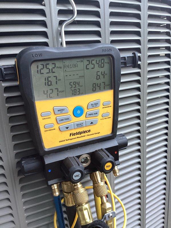 # HVAC Maintenance Agreement - Cooling System Service

Completed comprehensive cooling system maintenance visit as part of prepaid membership agreement. Performed full diagnostic evaluation of outdoor condensing unit using refrigerant manifold gauges and digital monitoring equipment. Measured and recorded system pressures, temperatures, and operational parameters to verify proper refrigerant charge and system performance. All readings confirmed unit operating within manufacturer specifications. 

Customer requires 2200 filter for pop-up return, size 10x12. Filter replacement to be scheduled or provided at next service interval.