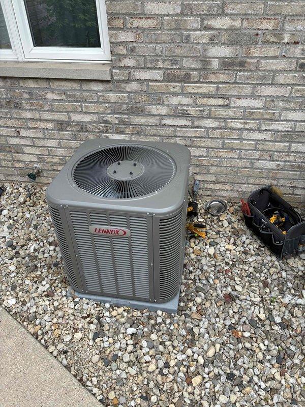 Completed scheduled cooling system maintenance visit on Lennox outdoor condensing unit. Performed comprehensive tune-up inspection, measured system temperatures at ductwork registering 23°F, and verified proper operation of all components. Unit found in good working condition with no issues requiring immediate attention.