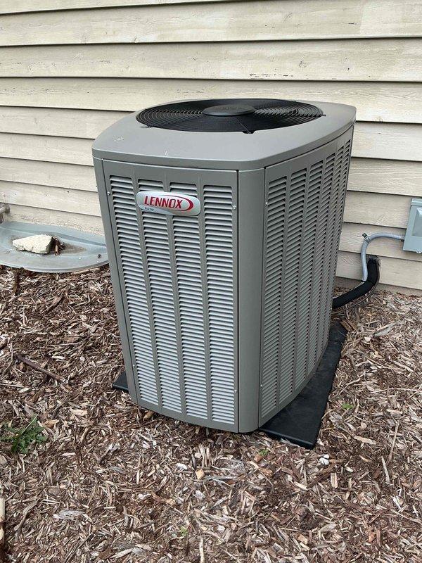 Completed scheduled biannual preventive maintenance visit on Lennox outdoor condensing unit as part of prepaid membership program. Performed comprehensive system inspection including electrical diagnostics with digital multimeter to verify proper voltage and amperage readings. Unit found operating within normal parameters with no deficiencies noted.