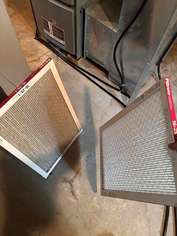Completed comprehensive A/C tune-up service including full system inspection and preventive maintenance. Replaced dirty air filters with new pleated media filters to restore proper airflow and system efficiency. Provided estimate for duct cleaning services upon customer request.