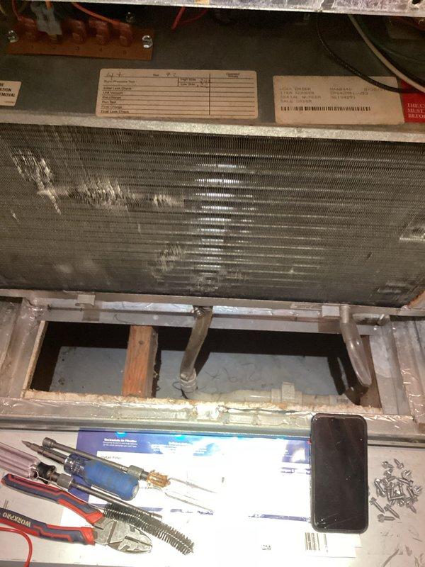 Performed comprehensive tune-up on MagicPak HVAC system, including inspection of gas valve assembly, control board, and evaporator coil components. Accessed interior cabinet to verify proper electrical connections, examined blower motor operation, and assessed heat exchanger condition with all components found operating within manufacturer specifications. Completed system evaluation with no immediate repairs required.