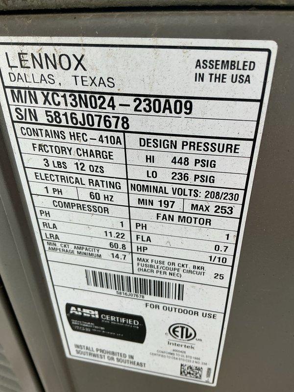 Completed annual air conditioning tune-up on Lennox XC13N024-230A09 outdoor condensing unit containing R-410A refrigerant. Performed comprehensive preventive maintenance including cleaning of condenser coils, inspection of electrical components, verification of proper refrigerant charge (factory charge 3 lbs 12 oz), and testing of system operation to ensure optimal performance for the cooling season.