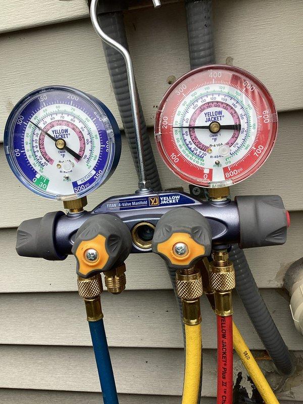 Completed air conditioning tune-up on residential Lennox HVAC system. Performed standard maintenance inspection, tested system pressures using manifold gauges, verified proper refrigerant levels, and documented equipment condition with photos.