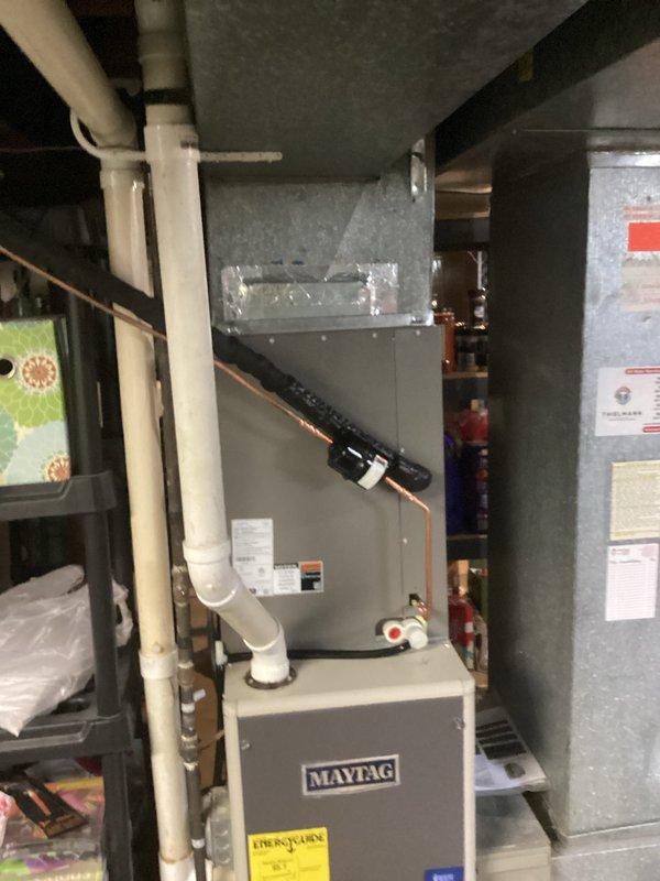 # HVAC Install - Other

Replaced existing Maytag evaporator coil with new Lennox CK40CT24B-71 coil on residential furnace system. System was evacuated, new coil installed and secured to existing ductwork and plenum, refrigerant lines connected, and system recharged to manufacturer specifications using manifold gauges to verify proper pressures.