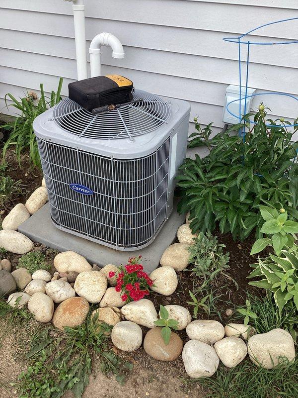 Completed scheduled air conditioning tune-up on residential Carrier condenser unit. Performed comprehensive system inspection, verified proper operation of all components, and confirmed condenser coils are clean with adequate airflow through protective grille. Unit is operating within normal parameters with no issues identified.