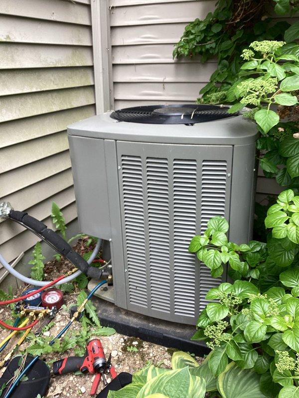 Completed comprehensive A/C tune-up service including inspection of both indoor furnace unit and outdoor condenser unit. Performed standard maintenance procedures, reviewed system operation with manifold gauges to verify refrigerant pressures and temperatures, and discussed membership program benefits with homeowner.