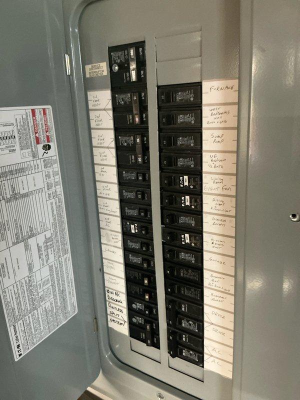 Responded to emergency service call for air conditioning system running low on refrigerant. Performed comprehensive system evaluation and provided detailed replacement estimate for existing AC unit. Documented electrical panel configuration and existing HVAC equipment installation, including furnace/air handler unit and associated ductwork in mechanical room.