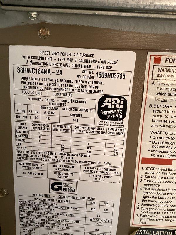 Completed preventive maintenance tune-up on a direct vent forced air furnace with integrated cooling unit, Model 38HWC184NA-2A. Performed comprehensive system inspection, verified manufacturer specifications, tested electrical components at 208/230V single-phase operation, and confirmed proper amperage ratings across compressor and condenser fan circuits. Measured supply air temperature at 134°F during heating cycle verification, indicating proper heat exchanger operation and gas combustion efficiency within normal parameters.