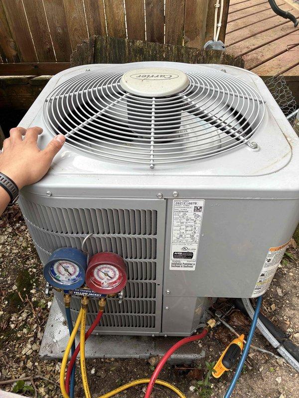 Completed routine cooling season maintenance visit as part of residential HVAC membership agreement. Performed comprehensive system inspection of split-system air conditioning unit, including outdoor Carrier condenser unit and attic-mounted air handler. Connected refrigerant manifold gauges to verify proper system pressures and refrigerant charge levels. Inspected condenser fan operation, electrical connections, and overall unit condition at outdoor location. Accessed attic space to service air handler unit, checking blower assembly, condensate drainage, and ductwork connections. Replaced air filter with customer-provided 20x25x6 media filter. All components operating within manufacturer specifications with no deficiencies noted.